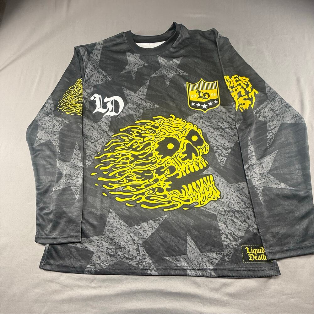 Liquid Death Skull Jersey Men’s L Black Yellow Long Sleeve  NWOT blokecore